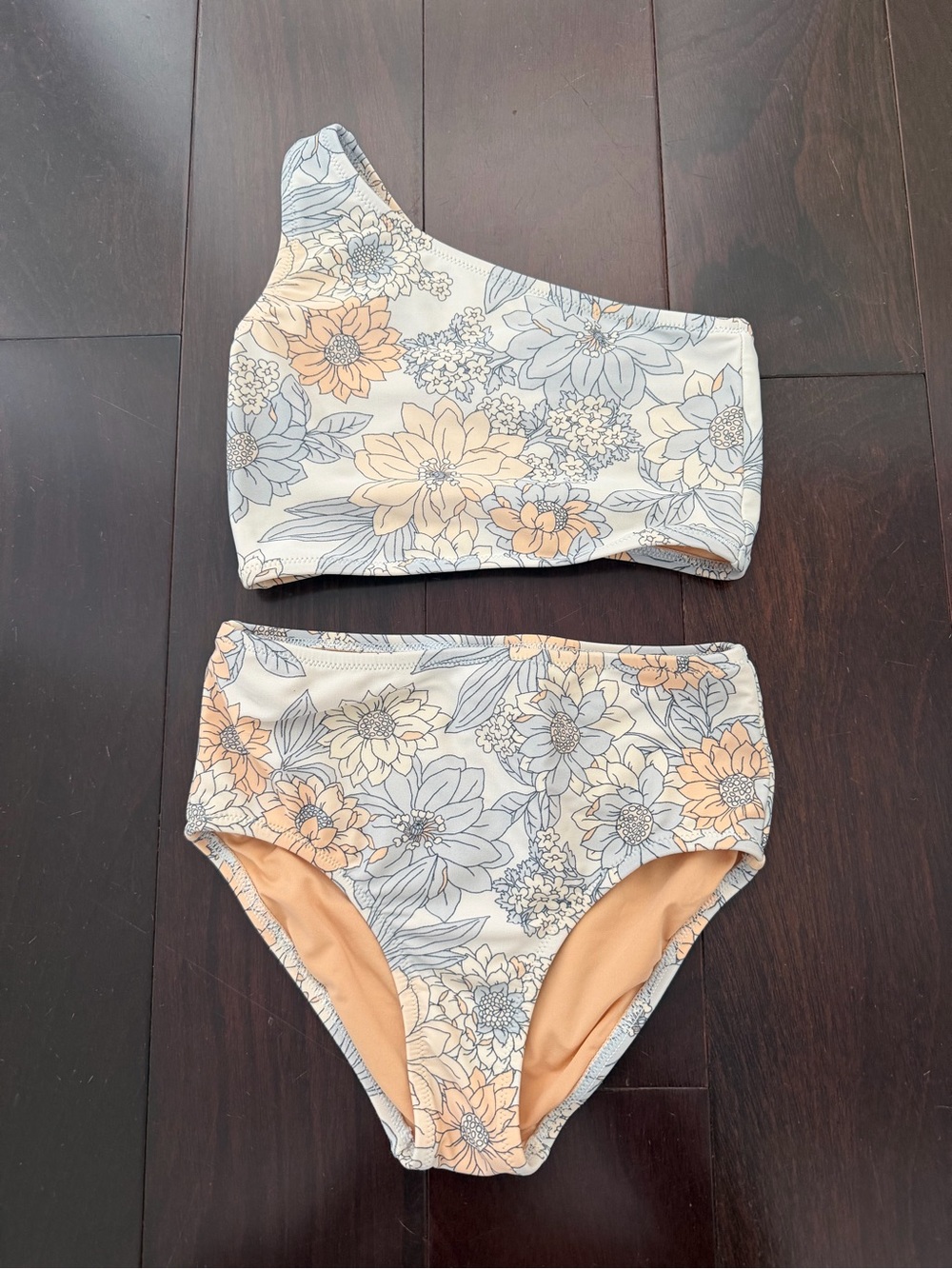 J Crew Girls' Floral One-Shoulder Bikini Set in Peach and Light Blue, size 6-7